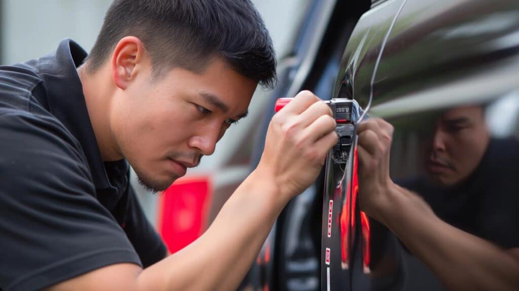 Mechanic using a paintless dent repair tool