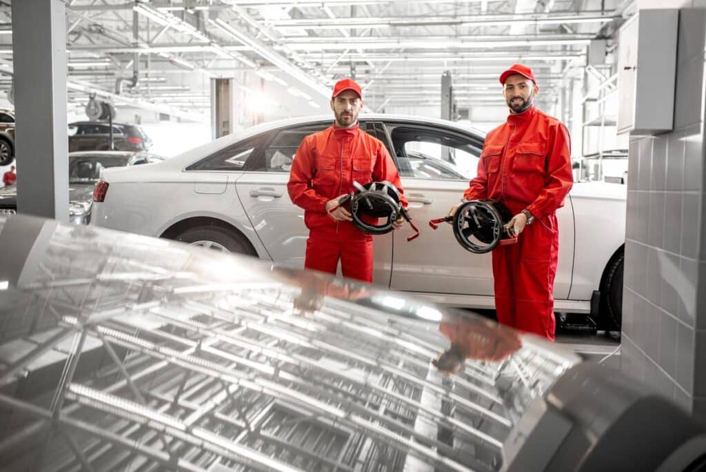Two mechanics in a collision repair shop