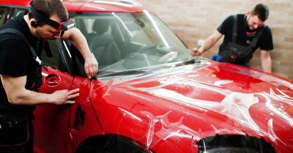 Technicians applying paint protection film during automotive paint services