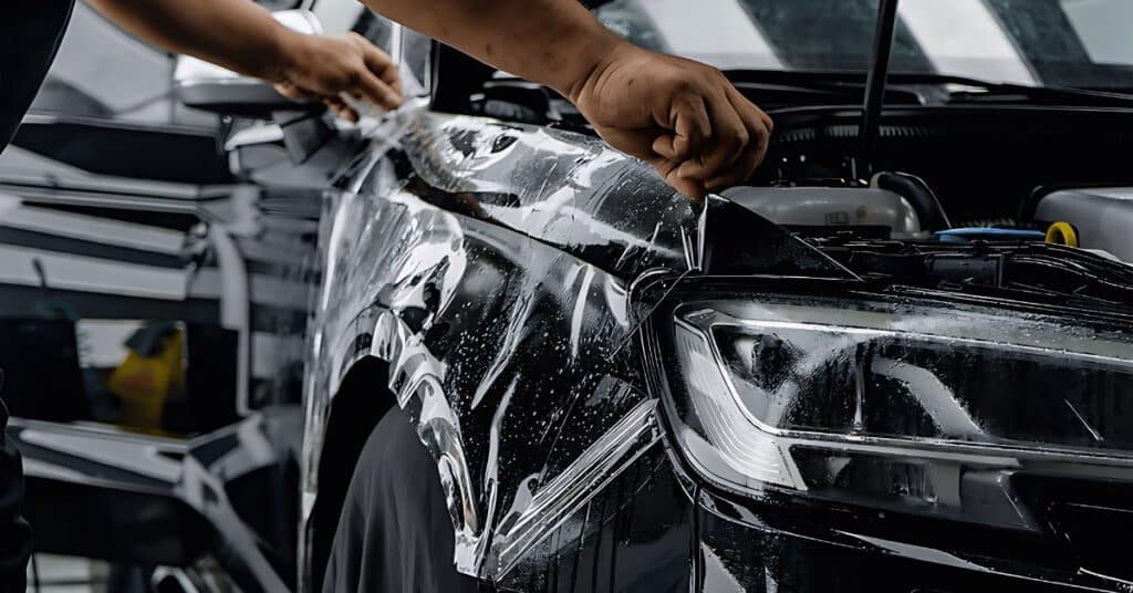 Technician applying paint protection film during auto body repair