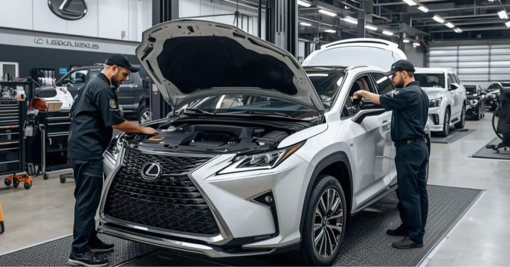 A technician in a professional uniform performs a detailed inspection on a white Lexus SUV in a modern, well-lit auto body shop.