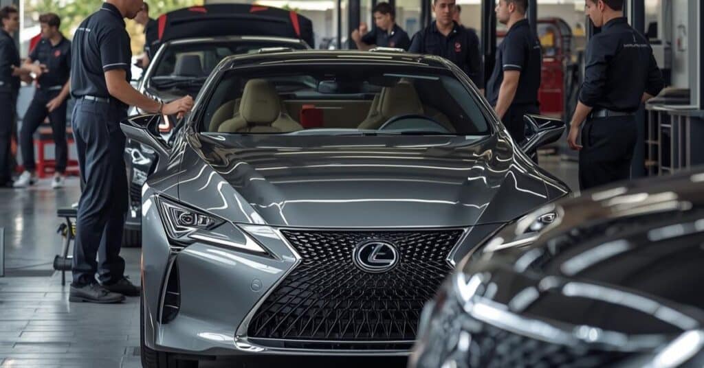 A technician working on a premium grey luxury vehicle in a high-end auto body shop, surrounded by staff members.