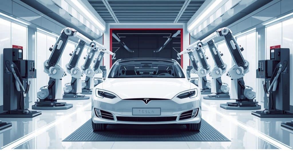 A white Tesla Model S positioned in a high-tech repair bay surrounded by automated robotic arms for precision structural alignment and frame repair.