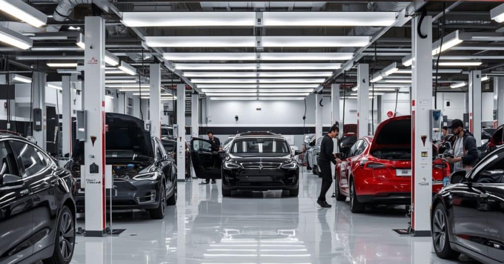 An expansive, brightly lit Tesla service center floor with multiple Tesla vehicles, including Model X and Model 3, being serviced by technicians under rows of LED lights.
