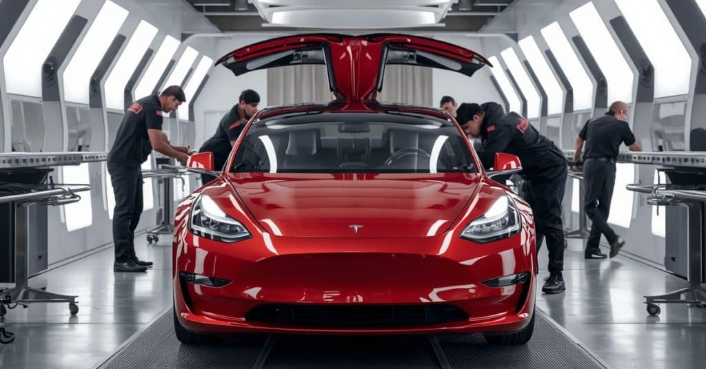 A group of technicians performing a detailed final inspection on a red Tesla Model 3 with its custom doors open in a brightly lit quality control bay.