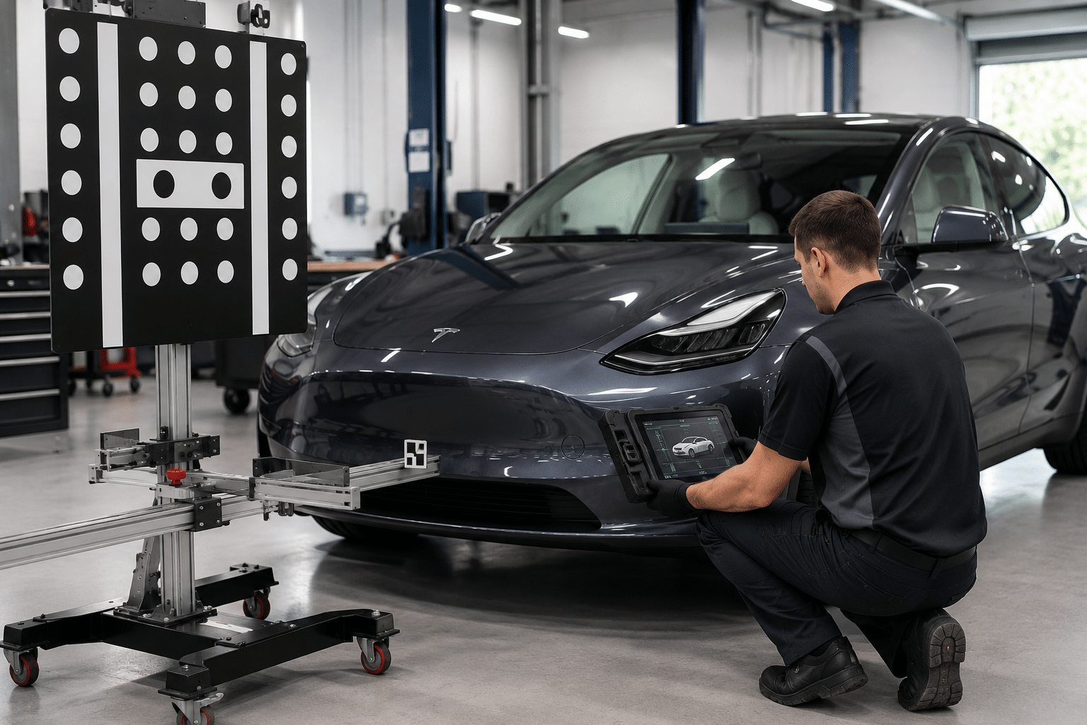 Technician Performing ADAS Camera Calibration on a Tesla