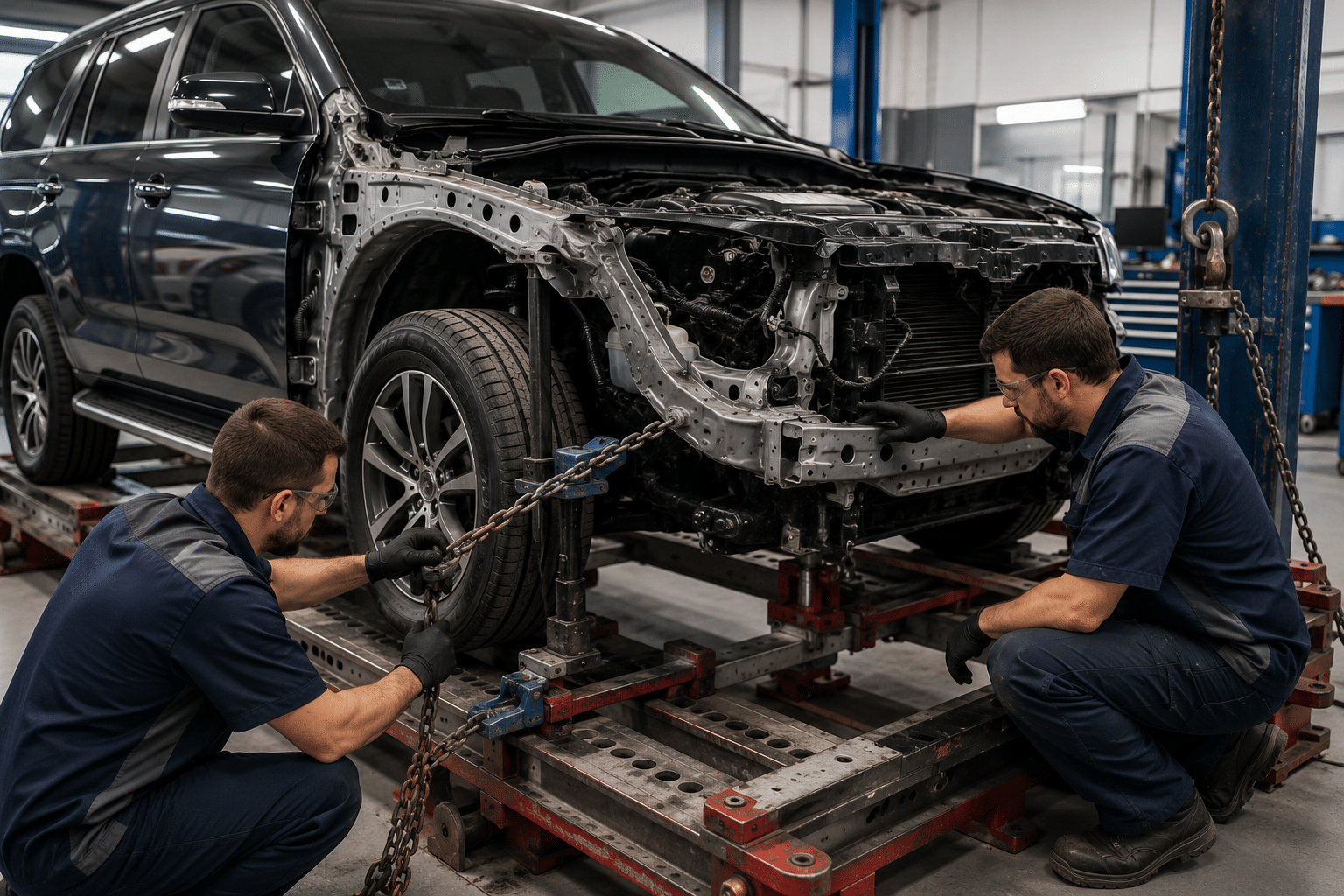 Collision repair technicians inspecting hidden structural damage after an accident.