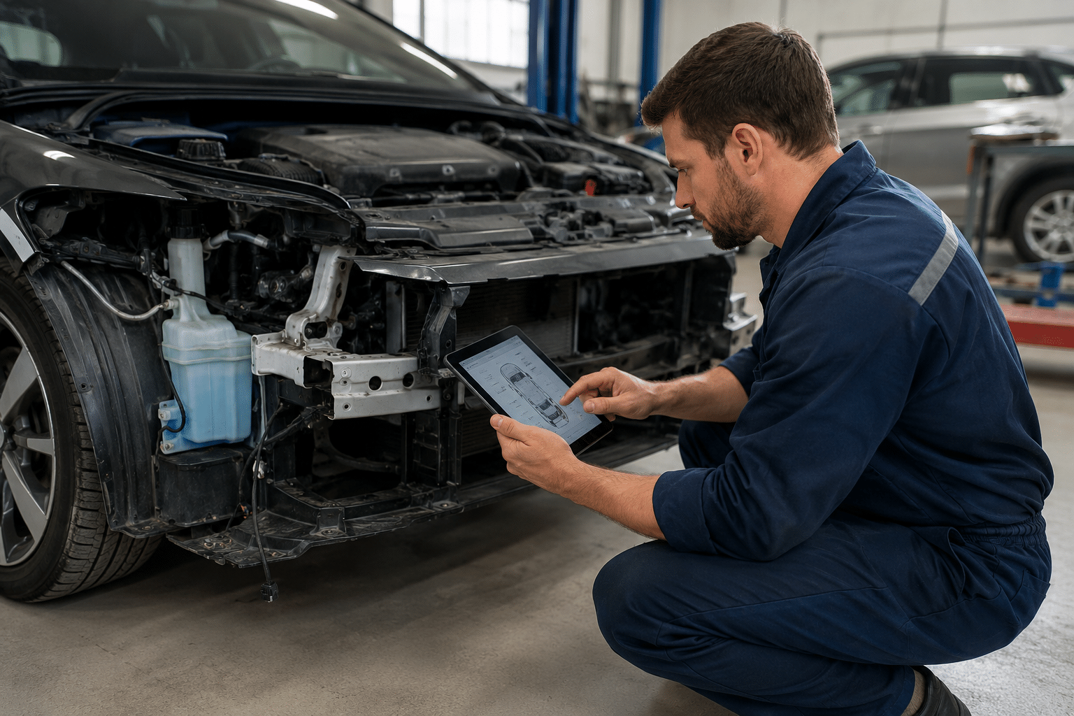 Technician preparing a collision repair estimate after vehicle inspection.