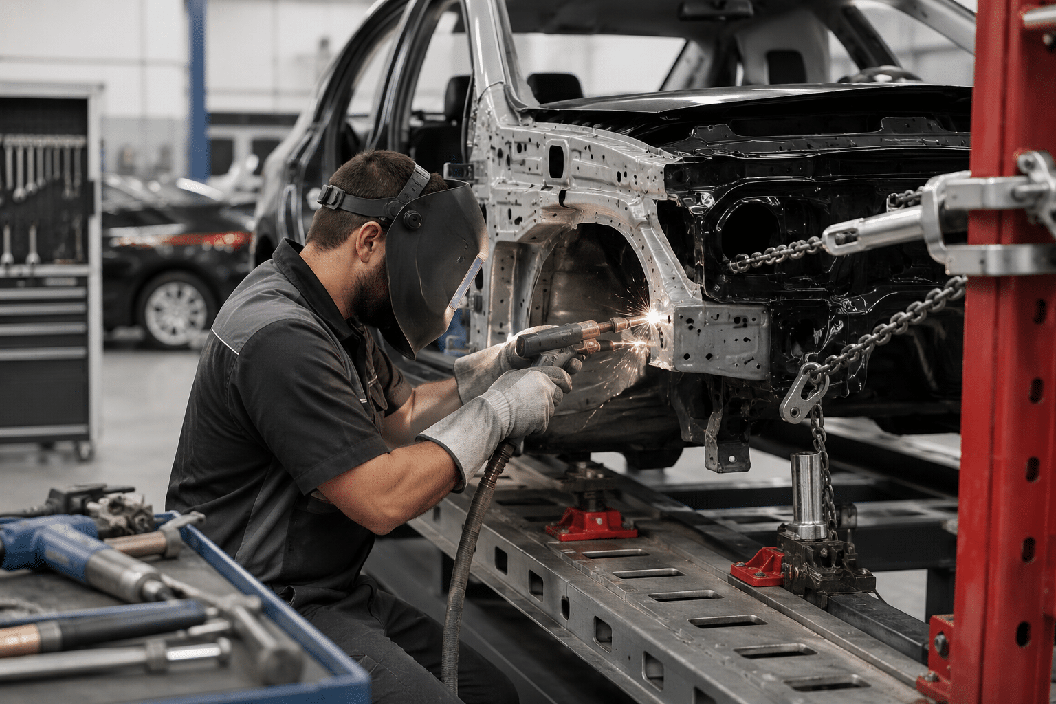 Certified technician performing structural collision repair using advanced repair equipment.