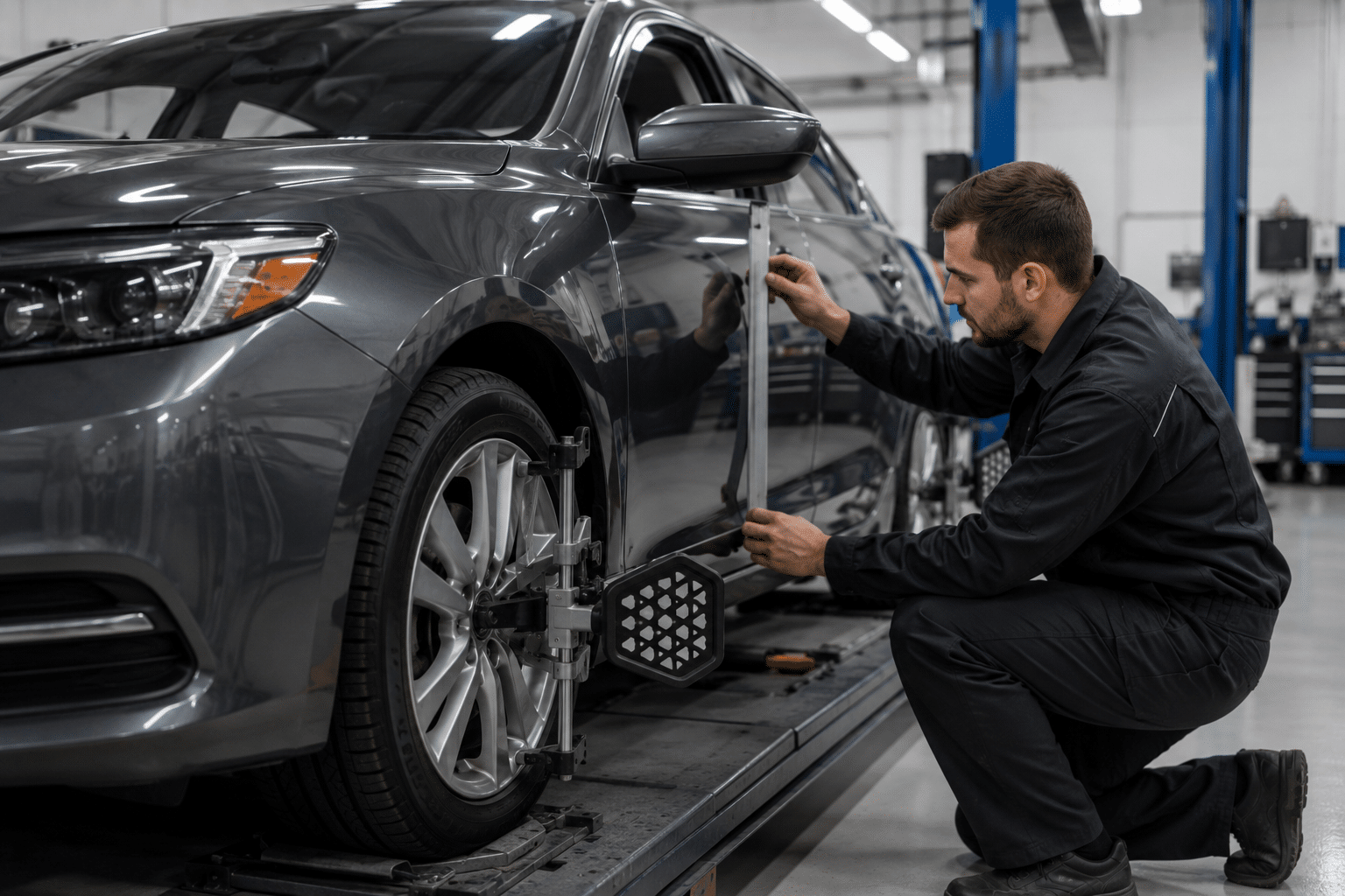Technician checking vehicle alignment after structural collision repair