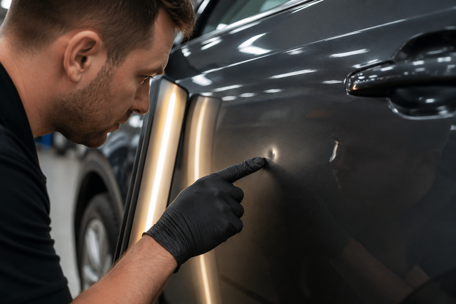 Inspection of car door ding for paintless dent repair