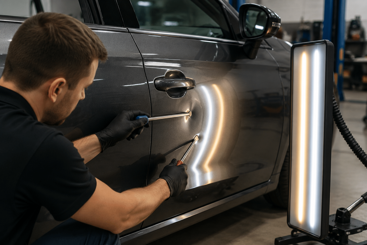 Technician performing dent repair without painting on vehicle panel
