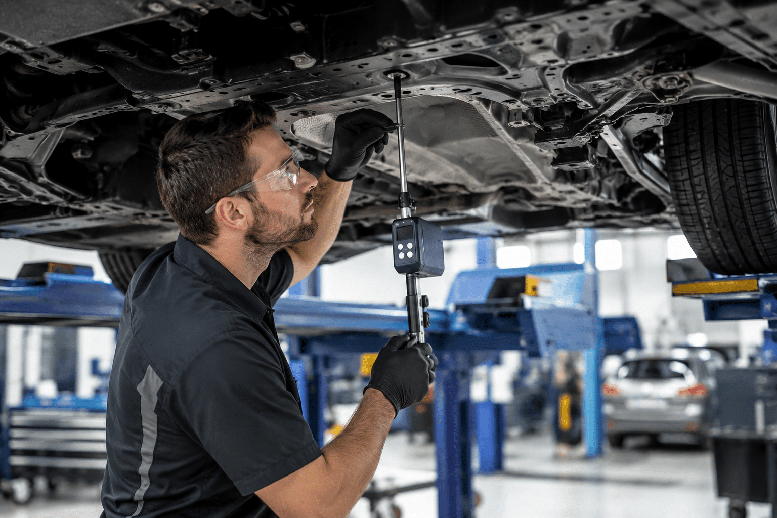 Technician inspecting a vehicle for car frame damage after an accident