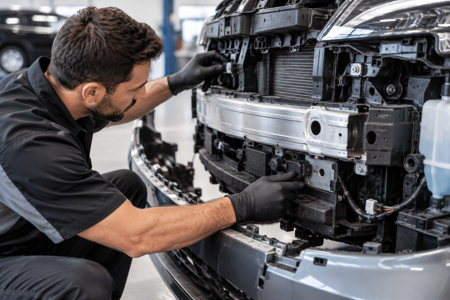 Technician checking hidden damage behind a car bumper
