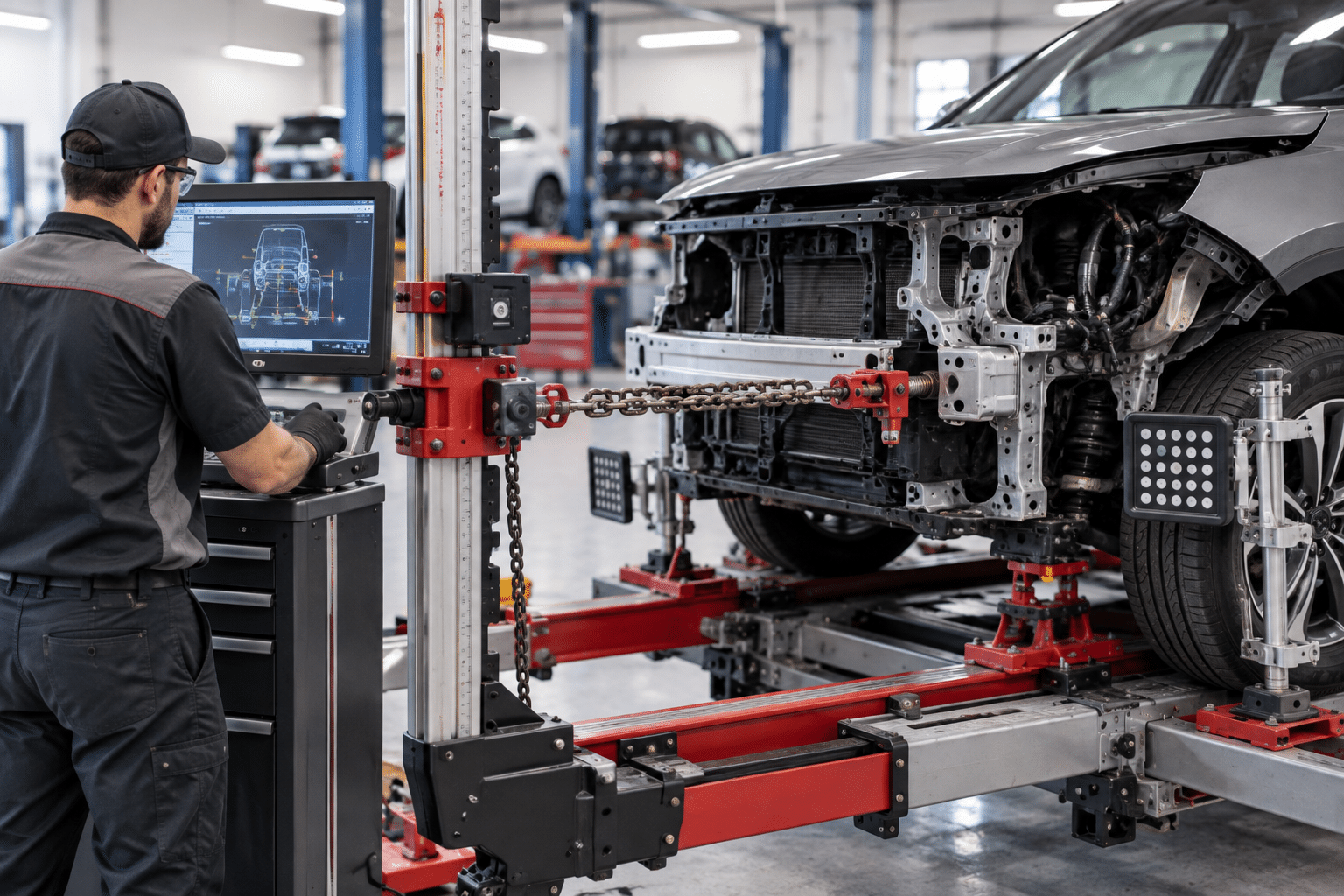 Technician performing computerized frame straightening after a collision