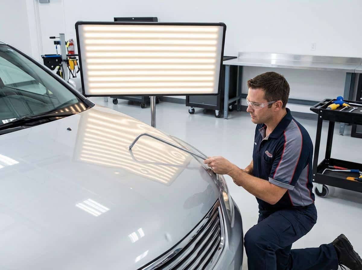 Auto body repair technician inspecting dents and scratches on a storm-damaged vehicle
